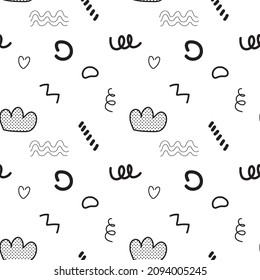 Dibujar a mano varias formas (objetos, puntos, nubes, olas). Resumen de las ilustraciones modernas y de moda de Vector. Concepto monocromo negro para superficies diferentes