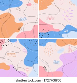 Hand drawn various shapes of pastel colors and doodle objects. Set of four abstract backgrounds. Contemporary modern trendy vector illustrations..ai