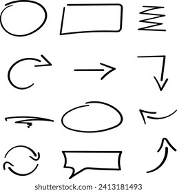 Hand drawn various shapes scribbles. Vector graphic resource of arrows and bubble chats made with marker.