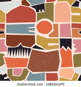 Hand drawn various shapes, spots, dots and lines. Different pastel colors. Abstract contemporary seamless pattern. Modern patchwork illustration in vector. Perfect for textile prints