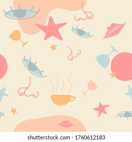 Hand drawn various shapes theme vector seamless pattern. pastel pink background with lips, nose, cup, glasses, stars and eyes. Contemporary modern trendy vector illustrations. Pastel colors. vector