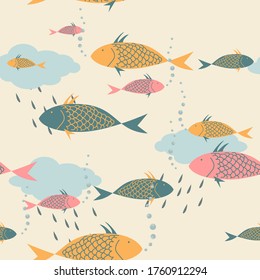 Hand drawn various shapes theme vector seamless pattern. pastel pink background with fish, clouds and bubbles. Contemporary modern trendy vector illustrations. Pastel colors. vector