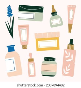 Hand drawn various skin care illustration. Clay mask, serum, acne spot gel, moisturizer, lotion, toner, cleanser and essential oil.