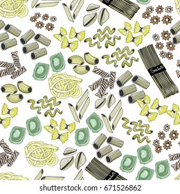 Hand drawn various sorts and shapes of pasta. Colored graphic vector seamless pattern