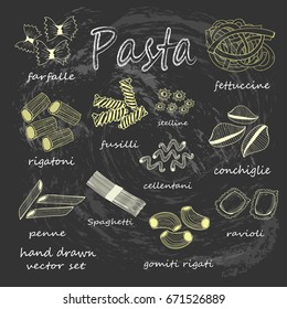 Hand drawn various sorts and shapes of pasta. Colored graphic vector set. All elements are isolated. Chalk style. Black background