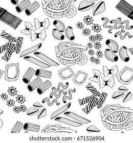 Hand drawn various sorts and shapes of pasta. Graphic vector seamless pattern