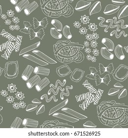 Hand drawn various sorts and shapes of pasta. Graphic vector seamless pattern. White elements, green background