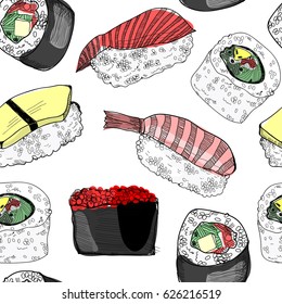 Hand drawn various sushi and rolls. Colored vector seamless pattern