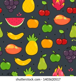 Hand drawn various tasty juicy fruits. Trendy illustration. Flat design. Cartoon style. Colored vector seamless pattern. Black background
