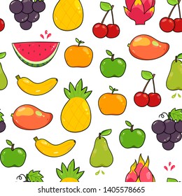 Hand drawn various tasty juicy fruits. Trendy illustration. Flat design. Cartoon style. Colored vector seamless pattern