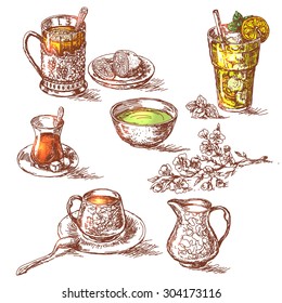 Hand Drawn Various Teas Set. Sketch Of Green, Iced And Black Tea. Hot Beverage With Lemon, Sugar And Milk. Glass Of Cold Drinking With Ice. Emphasis Is Placed On The Color Of Drink.