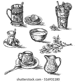 Hand drawn various teas set. Sketch of tea with lemon, sugar and milk. Glass of cold drinking with ice.