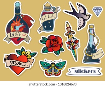 Hand drawn various traditional tattoos and magic potions. Colored set of vector stickers. All elements are isolated