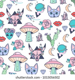 Hand drawn various trendy doodles. Colored vector seamless pattern