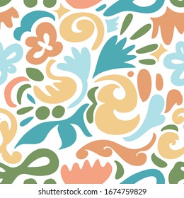 Hand drawn various Tropical leaves shapes and doodle objects. abstract contemporary modern trendy vector seamless patterns. use for textile prints