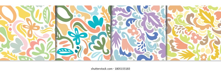 Hand drawn various Tropical leaves shapes and doodle objects. abstract contemporary modern trendy vector seamless patterns. use for textile prints