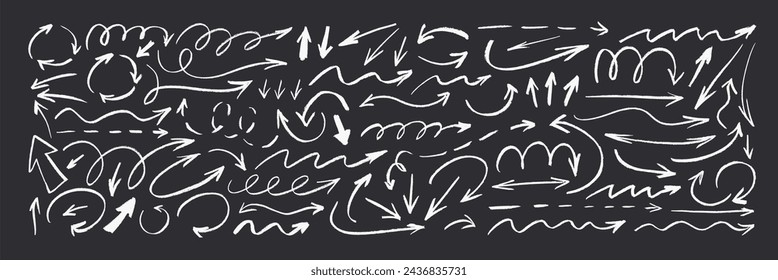 Hand drawn various vector chalk arrows. Hand drawn freehand different curved lines, spiral, dotted, straight and curved arrows. Charcoal or pencil rough doodle elements for diagrams.