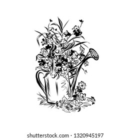 Hand drawn of a vase with a bouquet of flowers. Graphic botanic vector illustration. Drawing for scrapbooking, print, postcard, card, poster, background.