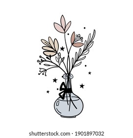 Hand drawn vase with a bouquet of flowers, magic illustration. Bohemian tattoo sketch, icon, esoteric logo. Vector illustration isolated on white background