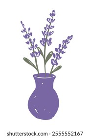 Hand drawn vase filled with lavender flowers in a soft color palette, perfect for home decor vector illustration