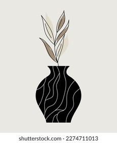 A hand drawn vase with a flower. Creative vector illustration in a flat style. Mid-century Scandinavian design. Abstract botanical poster. Sketch in the style of minimalism.