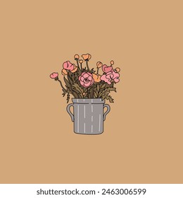 Hand drawn vase with flowers. Vector illustration.
