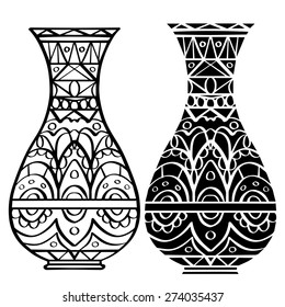 Hand drawn vase with geometric pattern set, closeup, line art, black silhouette isolated on a white background 
