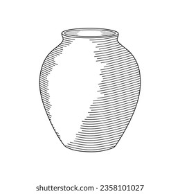 Hand drawn vase in sketch style for engraving isolated on white background. Vintage vase vector illustration. Line art empty clay pot. Object of pottery art in retro style. Vector