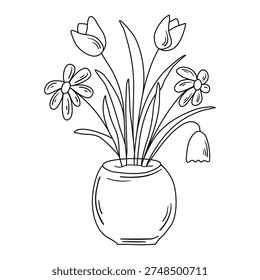 Hand drawn vase with spring flowers. Simple flower bouquet in doodle sketch style. Botanical floral ink clip art. Vector graphics