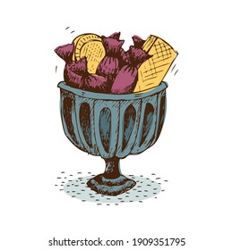 Hand drawn vase with sweets biscuits waffles vector illustration