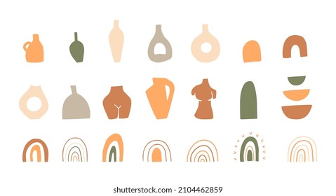 Hand drawn vases and rainbow trendy design, big set boho style.