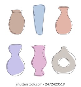 Hand drawn vases set. Modern design, doodle style ceramic pots. Vector isolated on white background.