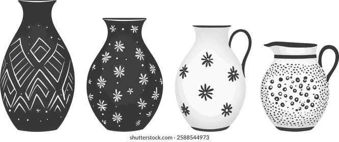 Hand Drawn Vases Vector Illustration Set Isolated on White Background
