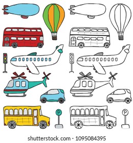 Hand drawn vechile doodle set with hand drawn cars.