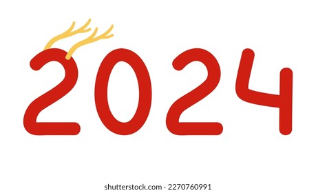 Hand drawn vector 2024 with chinese dragon horns. Isolated on white background.