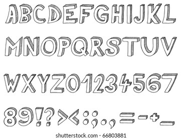Hand drawn vector abc, font, 3D, alphabet
