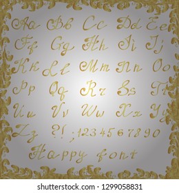 Hand drawn vector abc. Vintage handwritten brush lettering ornamental background with letters. White and yellow. Alphabet. Monochrome. Calligraphic bold font. Design for fabric, textile, wrapping.