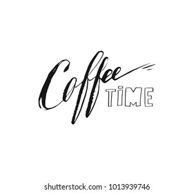 Hand drawn vector abstract artistic ink sketch drawing handwritten coffee time calligraphy text and ribbon isolated on white background.Coffee shop concept.