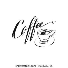 Hand drawn vector abstract artistic ink sketch drawing handwritten coffee word calligraphy and cup isolated white background.Coffee shop concept.