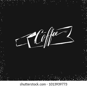 Hand drawn vector abstract artistic ink sketch drawing handwritten coffee word calligraphy and ribbon isolated on black chalkboard background.Coffee shop concept.