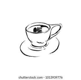 Hand drawn vector abstract artistic cooking ink graphic sketch drawing illustration of hot coffee drink in cup and isolated on white background.