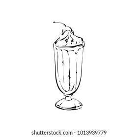 Hand drawn vector abstract artistic cooking ink sketch illustration drawing of milkshake cocktail and whipped cream in glass isolated on white background.Diet detox concept.