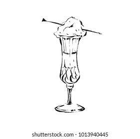 Hand drawn vector abstract artistic cooking ink sketch illustration drawing of champagne drink in wineglass with cotton candy isolated on white background.