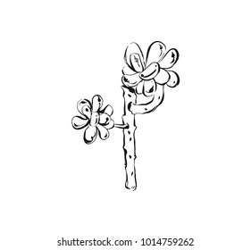 Hand drawn vector abstract artistic ink textured graphic sketch drawing illustration of succulent cactus plant with flowers isolated on white background.