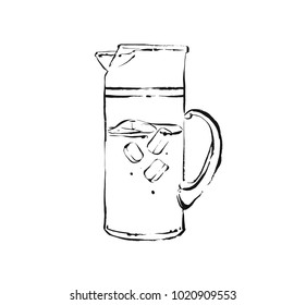 Hand drawn vector abstract artistic cooking ink sketch illustration of tropical fruit lemonade shake drink in glass pitcher isolated on white background.Diet detox concept.