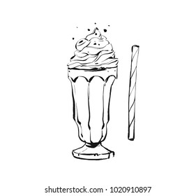 Hand drawn vector abstract artistic cooking ink sketch illustration drawing of milkshake cocktail and whipped cream in glass isolated on white background.Kids menu concept.