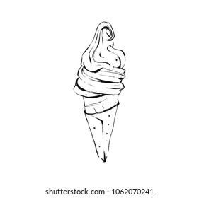 Hand drawn vector abstract artistic cooking ink sketch illustration drawing of waffle ice cream cone isolated on white background.Kids menu concept.