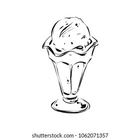 Hand drawn vector abstract artistic cooking ink sketch illustration drawing of ice cream scoop in glass cup isolated on white background.Kids menu concept.