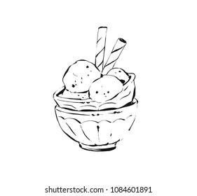 Hand drawn vector abstract artistic cooking ink sketch illustration drawing of ice cream scoops in glass cup isolated on white background.Kids menu concept.