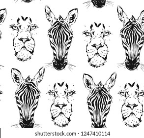 Hand drawn vector abstract artistic ink textured graphic sketch drawing illustrations seamless pattern of wildlife african safari zebra and lion head isolated on white background